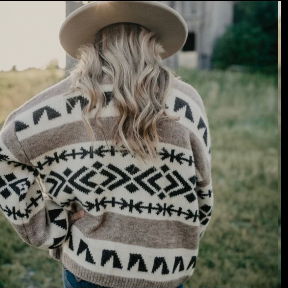 New Aztec Print Native Knit Wool Cardigan Sweater Button Front V-Neck Cozy - Picture 7 of 8